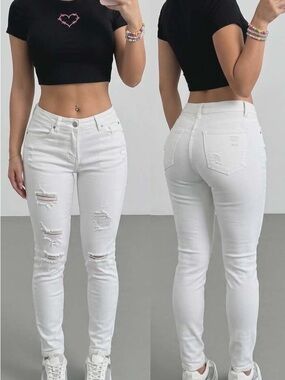 7 For All Mankind White Distressed Skinny Jeans